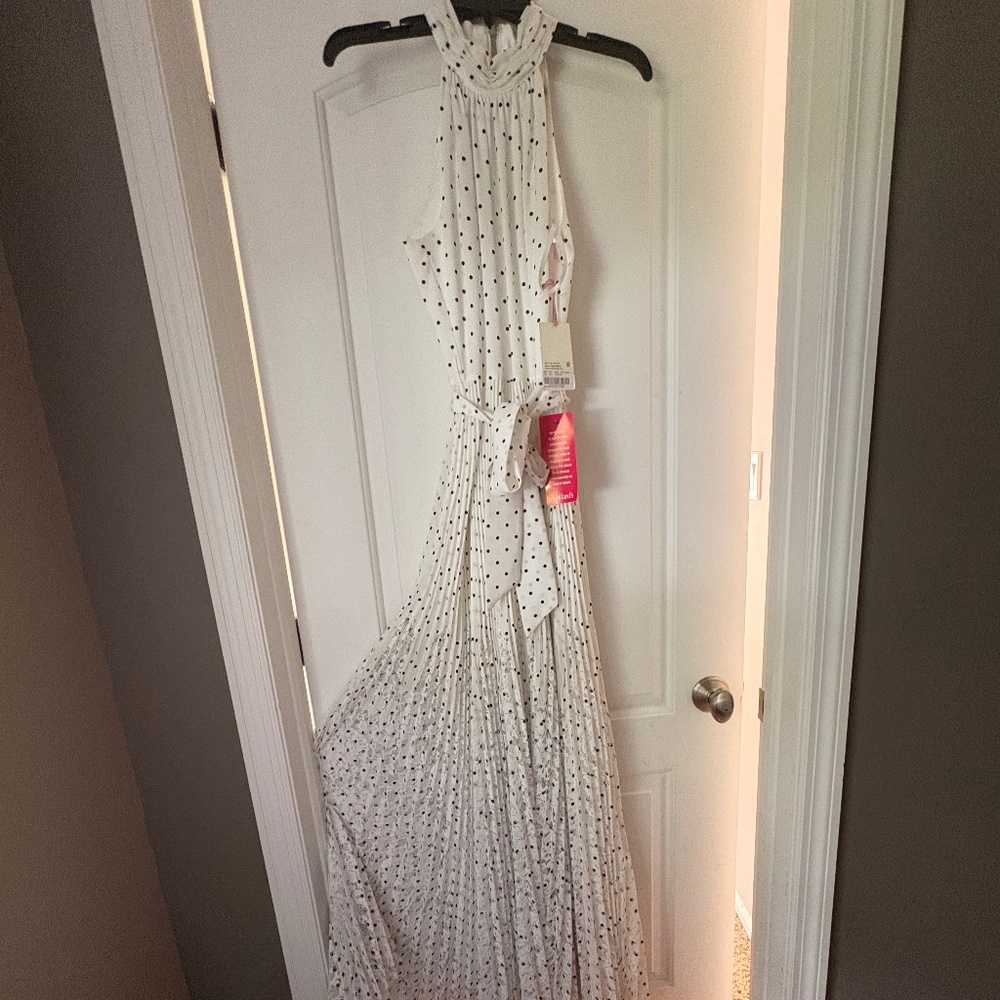 White and black polka dot full length gown size 4